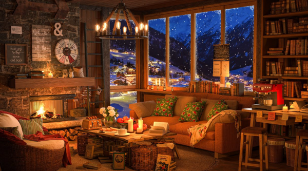 Ruang kafe yang hangat dengan perapian